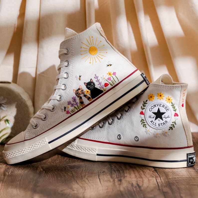 Custom Converse Chuck Taylor Embroidered Cat and Garden Flowers, Pet Embroidered Converse, Sun, Floral, Cat Embroidered Shoes Custom