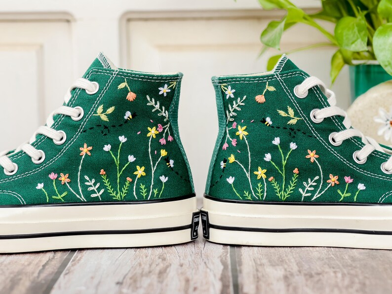 Wildflower Embroidered Converse, Small Flowers and Bees Embroidered Shoes, Custom Floral Embroidered Sneakers, Unique Gift for Nature Lover