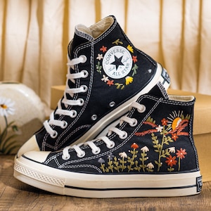 Custom Embroidered Converse Chuck Taylor High Tops, Black Sneakers With Sunset And Wildflower Embroidery, Vintage Converse Shoes, Women Gift