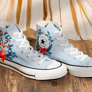 Reindeer & Christmas Flowers Embroidered Converse Shoes, Reindeer  Embroidery Shoes, Winter Holiday Shoes, Merry Christmas Gift for Her
