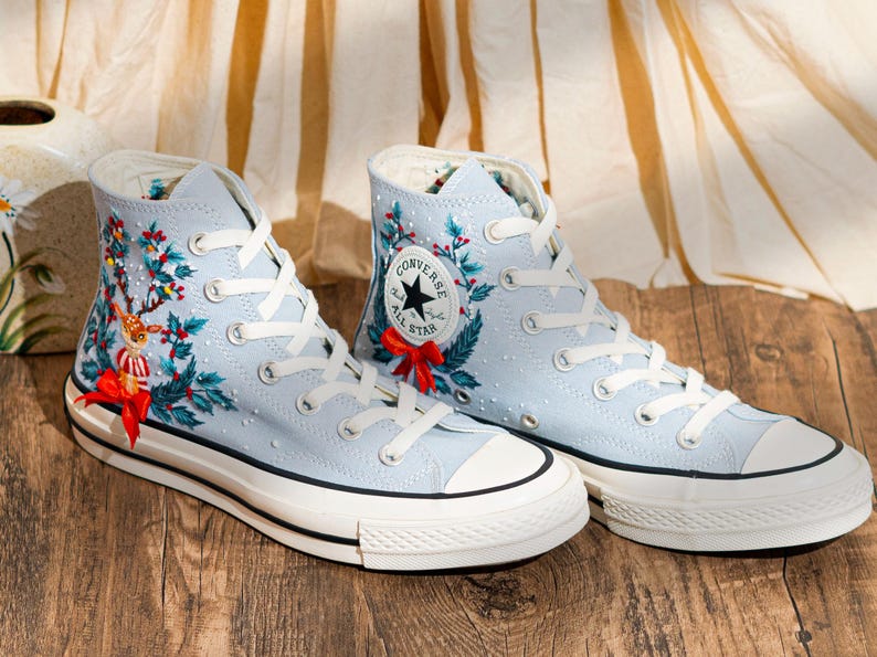 Reindeer & Christmas Flowers Embroidered Converse Shoes, Reindeer  Embroidery Shoes, Winter Holiday Shoes, Merry Christmas Gift for Her