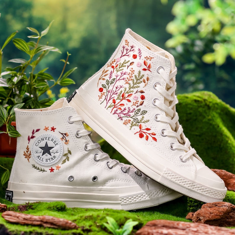 Wedding Converse for Bride, Colorful Flower Garden Embroidered Shoes, Boho Wedding Flower Embroidered Sneakers, Wedding Gift