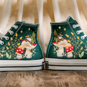 Mushrooms Converse, Fog and Mushrooms Embroidered Converse High Tops Custom, Mushroom Embroidered Sneakers, Flowers Embroidery Shoes Custom