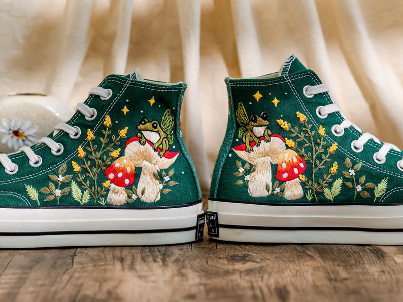 Mushrooms Converse, Fog and Mushrooms Embroidered Converse High Tops Custom, Mushroom Embroidered Sneakers, Flowers Embroidery Shoes Custom