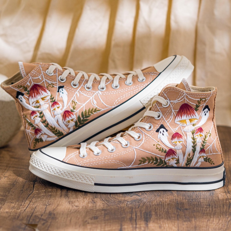 Custom Halloween Embroidered Converse High Tops, Brown Converse Embroidery With Ghost And Mushroom, Unique Custom Sneakers, Halloween Gifts