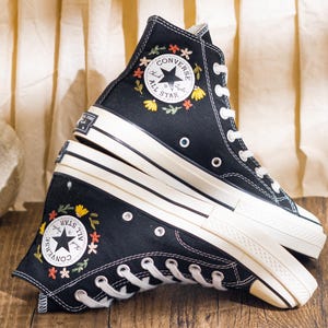 Custom Embroidered Converse Chuck Taylor High Top, Black Converse Embroidery Wildflower & Butterfly, Floral Embroidered Sneakers, Women Gift