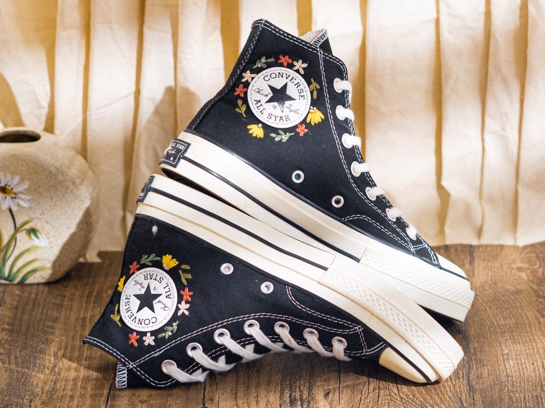 Custom Embroidered Converse Chuck Taylor High Top, Black Converse Embroidery Wildflower & Butterfly, Floral Embroidered Sneakers, Women Gift