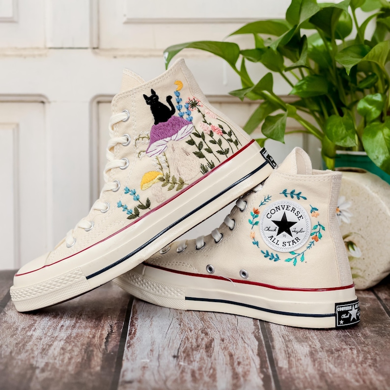 Mushroom and Black Cat Embroidered Converse, Custom Halloween Embroidered Sneakers,Pet Embroidered Shoes, Hand Embroidered Gift for Her