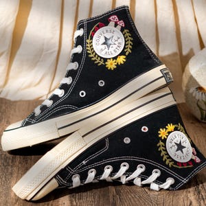 Customized Converse Shoes Embroidery Mushroom, Black High Top Sneakers Embroidered Floral Design, Vintage Embroidery Converse, Handmade Gift