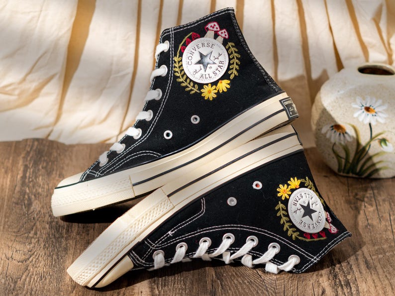 Customized Converse Shoes Embroidery Mushroom, Black High Top Sneakers Embroidered Floral Design, Vintage Embroidery Converse, Handmade Gift