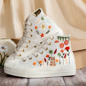 Anpassade broderade platåsneakers, broderade skor med kattmotiv, broderade sneakers med husdjur och blommor för kvinnor, Converse-anpassade små blommor bild 7