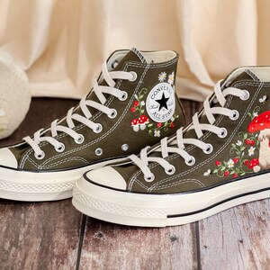 Customized Converse Embroidered Shoes, Mushrooms Embroidered Sneakers Women, Gardens Mushrooms, Strawberry Embroidered Converse Chuck Taylor