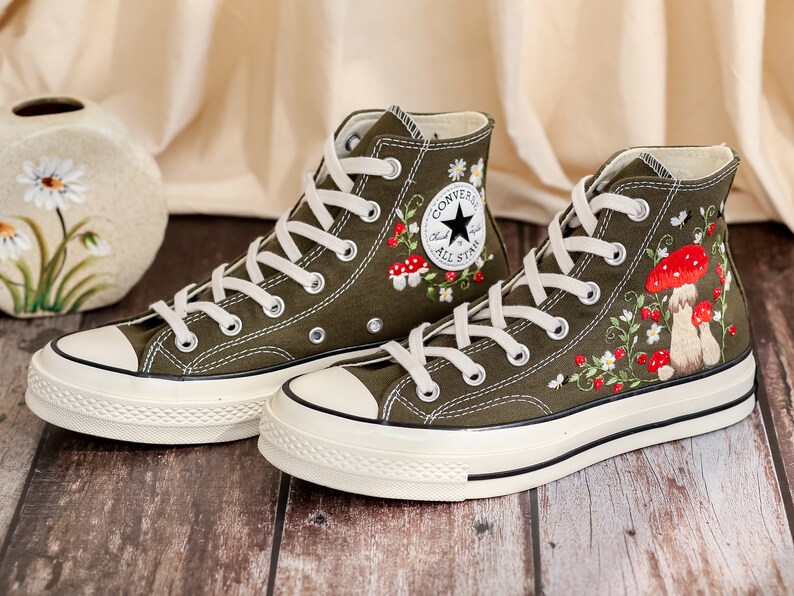 Customized Converse Embroidered Shoes, Mushrooms Embroidered Sneakers Women, Gardens Mushrooms, Strawberry Embroidered Converse Chuck Taylor