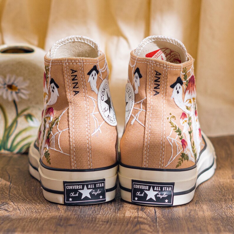 Custom Halloween Embroidered Converse High Tops, Brown Converse Embroidery With Ghost And Mushroom, Unique Custom Sneakers, Halloween Gifts