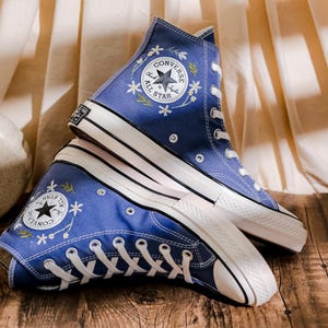 Custom Flowers and Cat Embroidered Converse Blue High Tops, Custom Converse Embroidered Floral, Pet Embroidered Shoes, Gifts for Pet Lovers