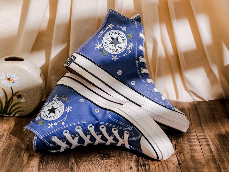 Custom Flowers and Cat Embroidered Converse Blue High Tops, Custom Converse Embroidered Floral, Pet Embroidered Shoes, Gifts for Pet Lovers