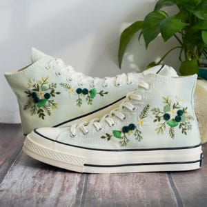 Custom Embroidered Converse Chuck Taylor, Green Flowers Embroidery Convese Shoes, Flower Wedding Embroidered Shoes, Gift for Her