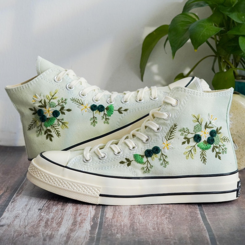 Custom Embroidered Converse Chuck Taylor, Green Flowers Embroidery Convese Shoes, Flower Wedding Embroidered Shoes, Gift for Her