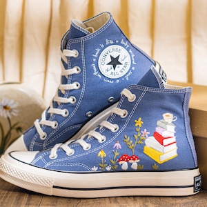 Custom Embroidered Converse Chuck 70 High Top, Denim Blue Converse Embroidery With Book And Mushroom, Hand Embroidered Sneakers, Unique Gift