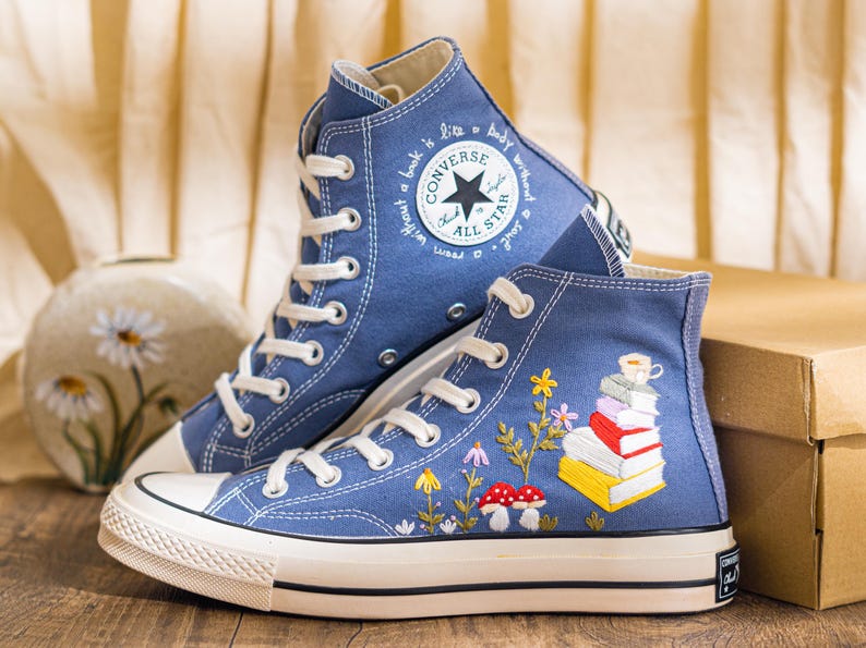 Custom Embroidered Converse Chuck 70 High Top, Denim Blue Converse Embroidery With Book And Mushroom, Hand Embroidered Sneakers, Unique Gift