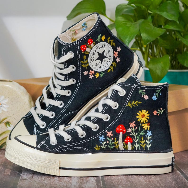 Embroidered Converse Mushroom, Sunflower, Converse Embroidery Mushroom, Custom Shoes Embroidered Floral and Mushrooms Sneakers, Gift for Her