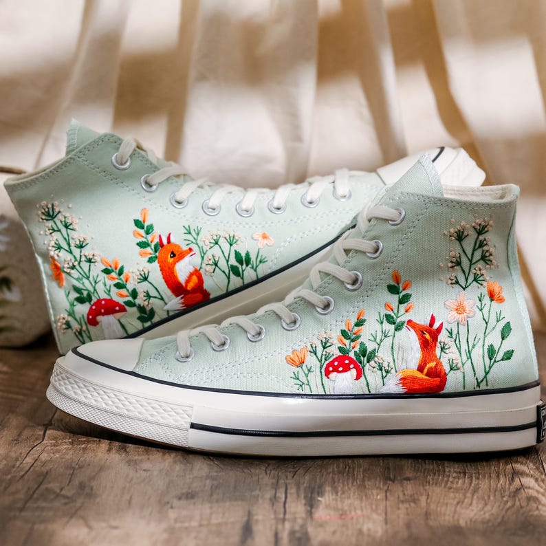 Embroidered Converse Summit Sage, Graden Floral and Fox Embroidered Shoes, Mushroom, Red Fox Embroidered Sneakers, Converse Embroidery Fox