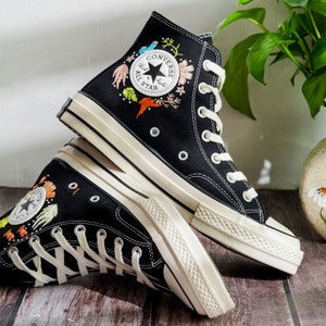 Custom Embroidered Converse High Tops, Shoes Embroidered With A Variety Of Colorful Sea Creatures, Jellyfish Embroidery, Gifts For Daughter