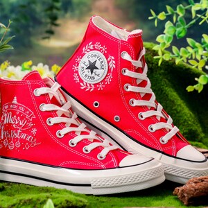 Custom Embroidered Converse Christmas, Noel and Snowflakes Embroidered Converse, Custom Shoes Embroidery Merry Christmas, Christmas Gifts