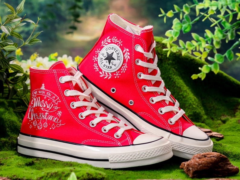 Custom Embroidered Converse Christmas, Noel and Snowflakes Embroidered Converse, Custom Shoes Embroidery Merry Christmas, Christmas Gifts