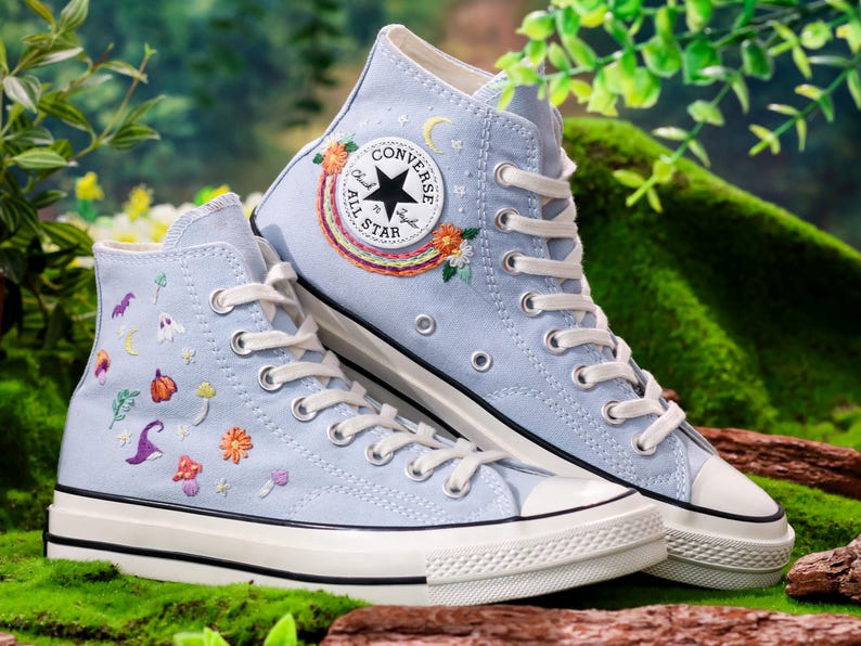 Custom Converse Chuck Taylor Mushrooms Embroidered Converse Shoes, Mushrooms, Rainbow Embroidered Sneaker Custom, Halloween Vibes Embroidery