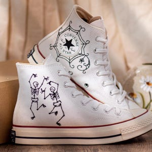 Converse Embroidered Dancing Skeleton 90s Vintage Style Shoes, Retro Skeleton Sneakers, Skull Funny Embroidery Shoes