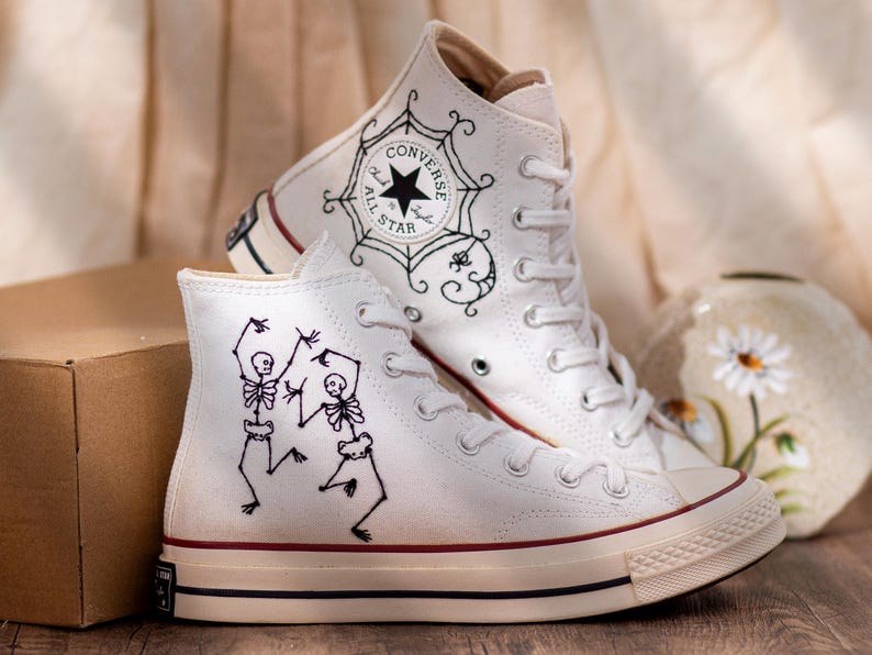 Converse Embroidered Dancing Skeleton 90s Vintage Style Shoes, Retro Skeleton Sneakers, Skull Funny Embroidery Shoes