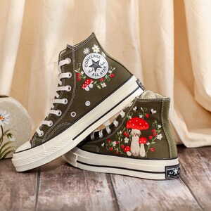 Customized Converse Embroidered Shoes, Mushrooms Embroidered Sneakers Women, Gardens Mushrooms, Strawberry Embroidered Converse Chuck Taylor