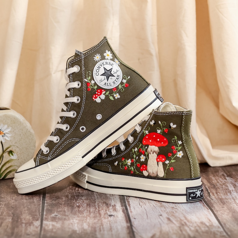 Customized Converse Embroidered Shoes, Mushrooms Embroidered Sneakers Women, Gardens Mushrooms, Strawberry Embroidered Converse Chuck Taylor