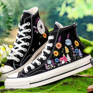Custom Sunflower Embroidered Converse High Tops, Sunflower and Lavender, Mushroom Embroidered Shoes, Wildflower Embroidered Sneaker Custom