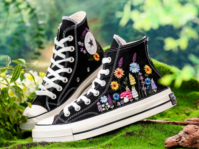Custom Sunflower Embroidered Converse High Tops, Sunflower and Lavender, Mushroom Embroidered Shoes, Wildflower Embroidered Sneaker Custom