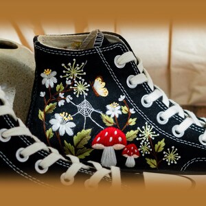 Custom Embroidered Converse Chuck Taylor High Tops, Black Converse Embroidery With Mushrooms & Floral, Custom Shoes Mystical, Birthday Gift
