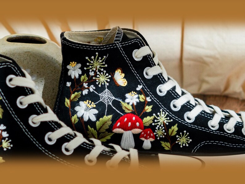 Custom Embroidered Converse Chuck Taylor High Tops, Black Converse Embroidery With Mushrooms & Floral, Custom Shoes Mystical, Birthday Gift