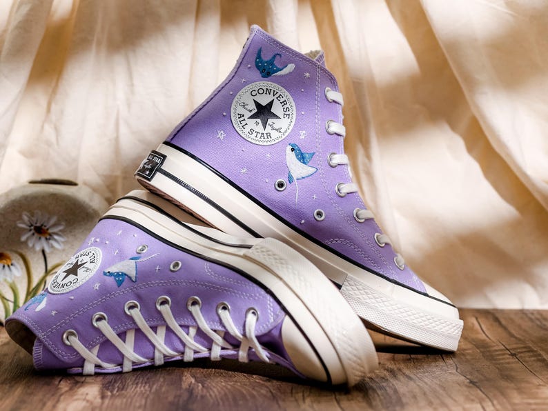Manta Ray Embroidered Converse High Tops, Hammerhead Shark Embroidered Shoes, Ray and Shark Embroidered Sneaker Custom, Gift for Her