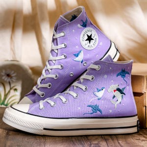 Manta Ray Embroidered Converse High Tops, Hammerhead Shark Embroidered Shoes, Ray and Shark Embroidered Sneaker Custom, Gift for Her