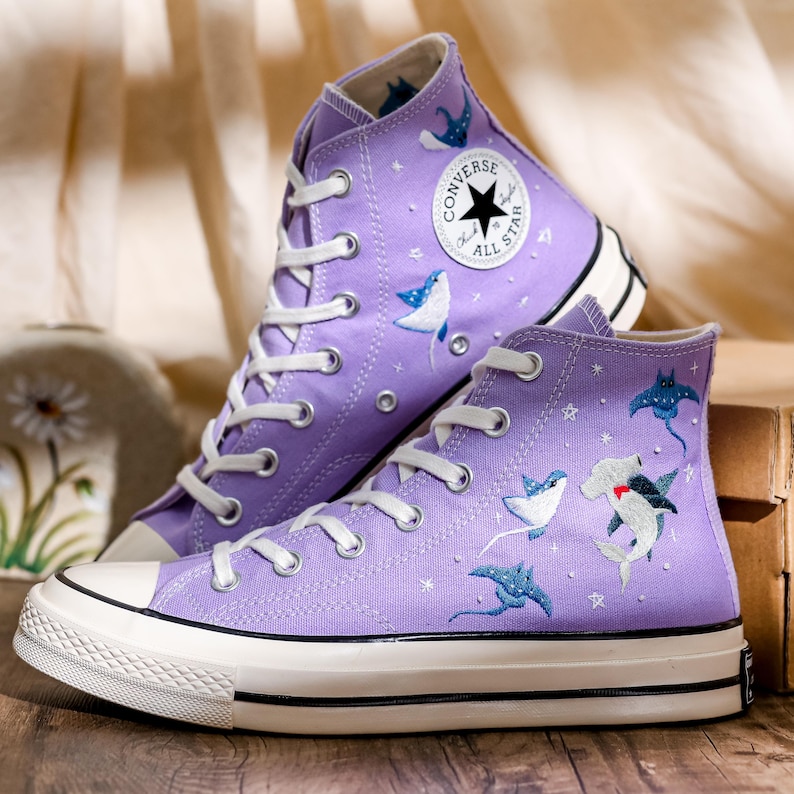 Manta Ray Embroidered Converse High Tops, Hammerhead Shark Embroidered Shoes, Ray and Shark Embroidered Sneaker Custom, Gift for Her
