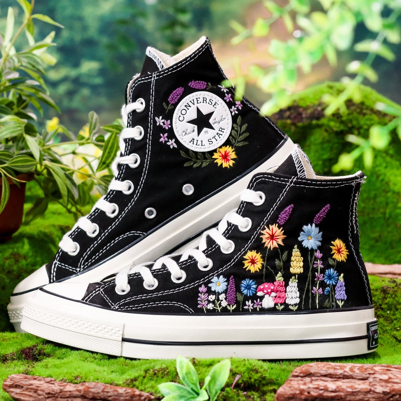 Custom Sunflower Embroidered Converse High Tops, Sunflower and Lavender, Mushroom Embroidered Shoes, Wildflower Embroidered Sneaker Custom