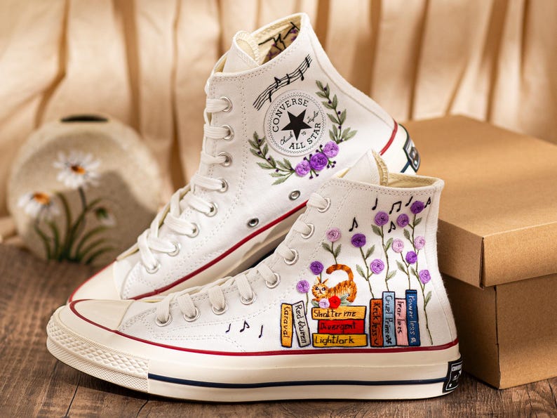 Embroidered Converse Book Lover, Flower & 1989 Embroidered Sneaker, Cat Embroidery Shoes, Handmade Gifts
