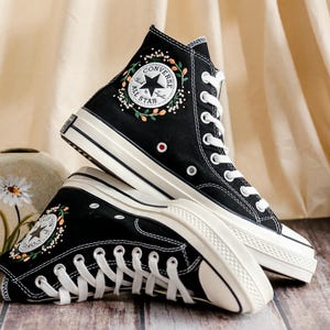 Custom Embroidered Converse High Tops 1970s, Fox Embroidered Converse Shoes, Fox and Flowers Embroidered Sneakers, Funny Halloween Gifts