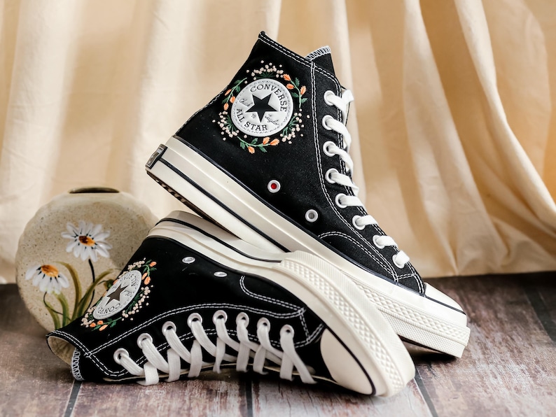 Custom Embroidered Converse High Tops 1970s, Fox Embroidered Converse Shoes, Fox and Flowers Embroidered Sneakers, Funny Halloween Gifts