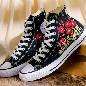 Custom Embroidered Converse, Evil Eye Flower Embroidered Converse Shoes Custom, Red Floral Embroidered Sneaker, Converse Embroidery Evil Eye