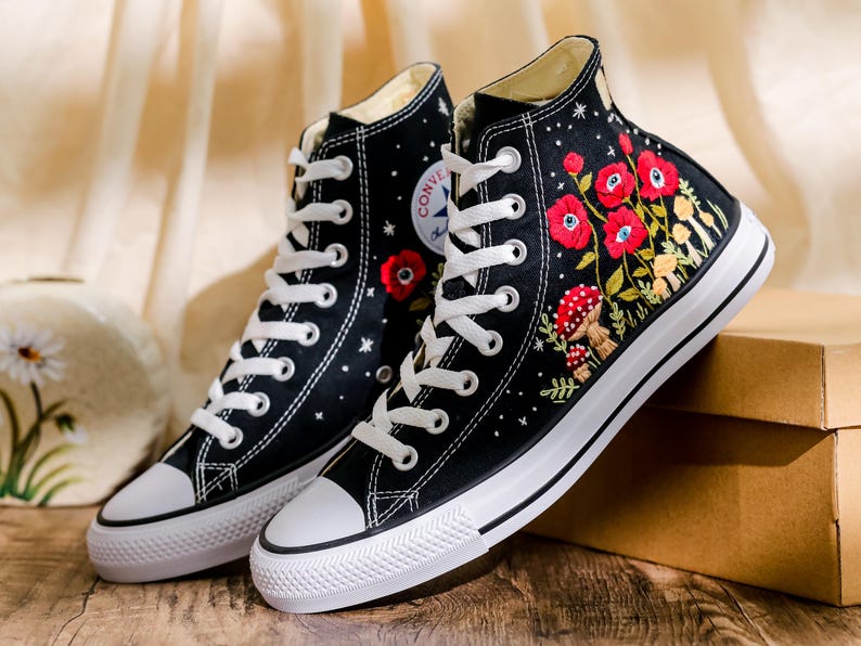 Custom Embroidered Converse, Evil Eye Flower Embroidered Converse Shoes Custom, Red Floral Embroidered Sneaker, Converse Embroidery Evil Eye