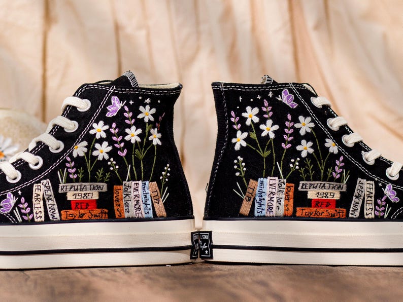 Music Lover Converse,Book and Flower, 1989 Embroidered Sneaker, Flower Embroidery Shoes, Handmade Gifts