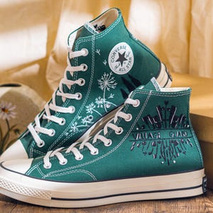 Unique Embroidered Converse High Tops, Green Sneakers Embroidered With Village Guard Motif And Dandelion Art, Unique Custom Shoes, Gift Idea
