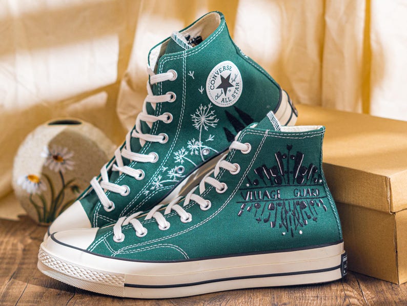 Unique Embroidered Converse High Tops, Green Sneakers Embroidered With Village Guard Motif And Dandelion Art, Unique Custom Shoes, Gift Idea